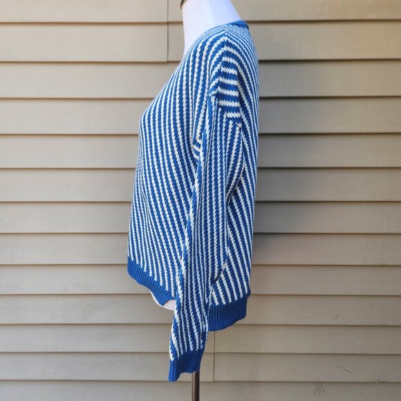 Dr. Bloom Diagonal Striped Sweater Blue White V-Neck Cotton Blend - Picture 6 of 12